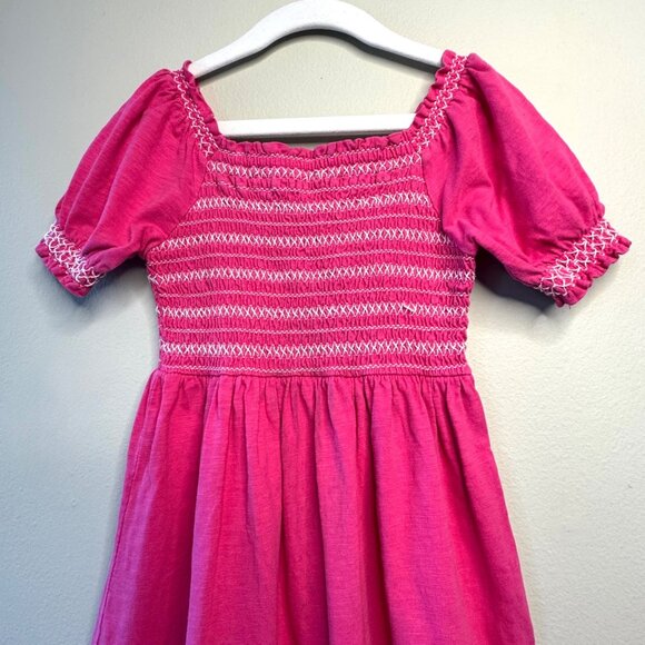 MINI BODEN Shirred Dress Girls 7-8 Pink Smocked Cotton Puff Sleeves - Picture 3 of 9